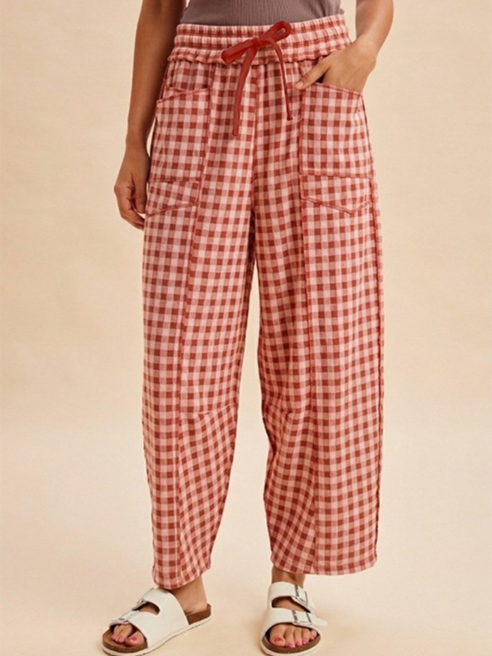 Rust/Pink Gingham Barrel Fit Knit Pants